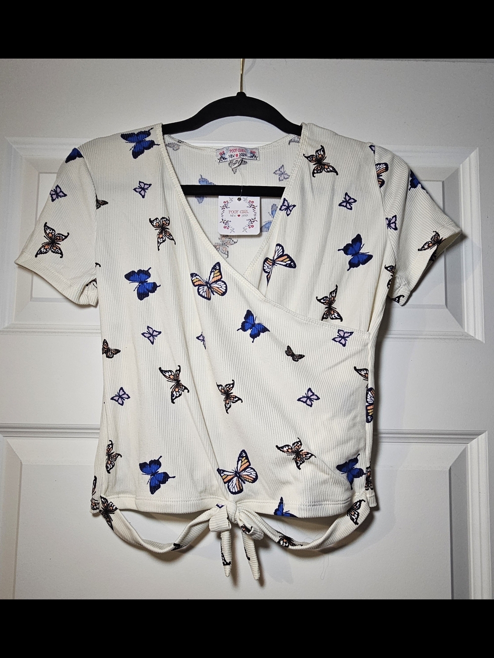 Butterfly Print Wrap Crop Top - Cream with Blue Accents